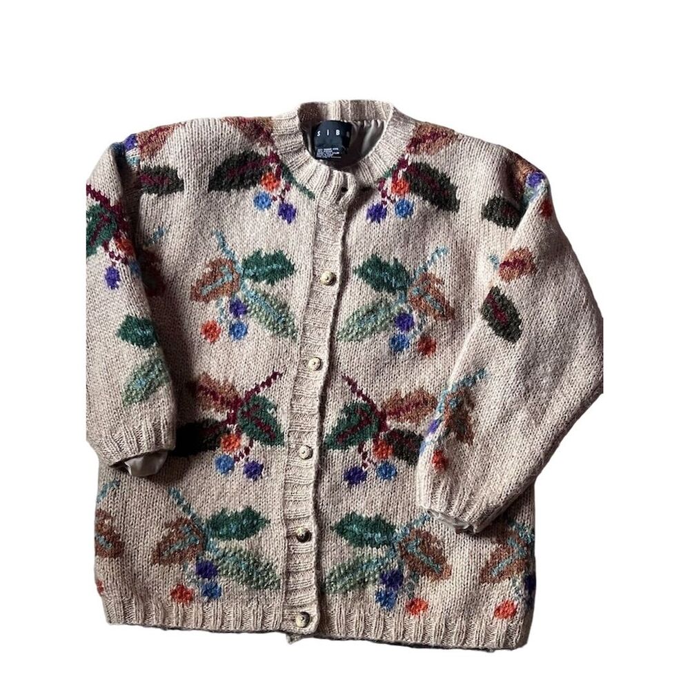 Vintage 1990s Mohair Women's M Beige Leaf Cardigan Sweater